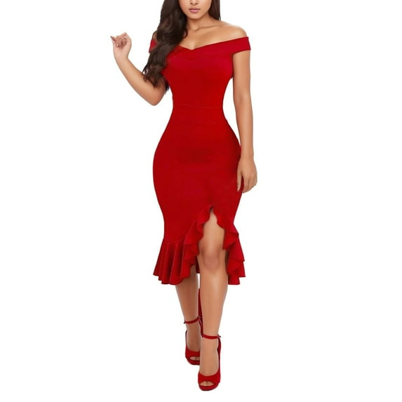 OSOLU Slit Dress Shoulder Fashion Women Cold Hem Ruffle Loose Plain Dress Solid Color Women Dress Cute Sundress Dresses For Women 2025 Elegant Classy
