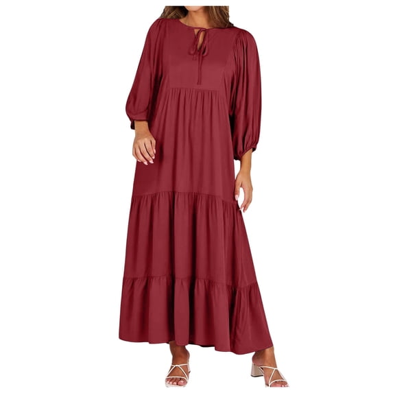 OSOLU Solid Color 2025 Summer Women Boho Maxi Dresses V-Neck Puff Sleeve Floral Flowy Swing Casual Long Dress Lovely Sundress Wedding Guest Dress