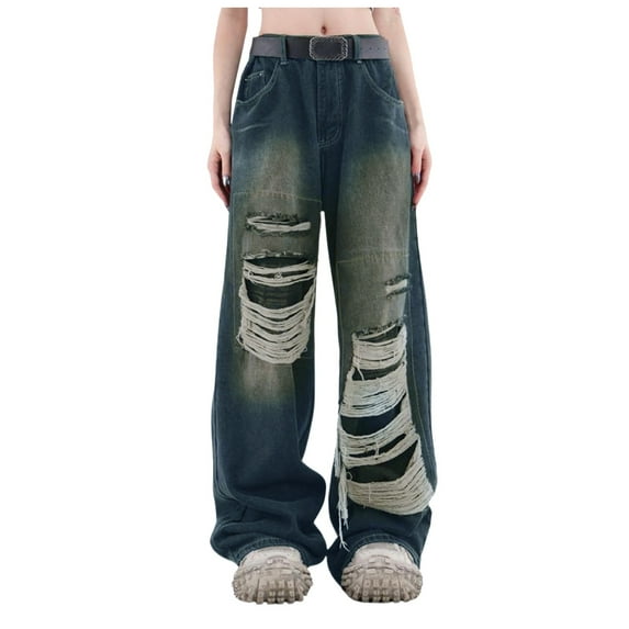 OSOLU Solid Color Baggy Jeans For WoMen Ripped Straight Leg Pants High Waisted Distressed Jeans Jeans Trousers Fashionable Classic Leisure Bottoms