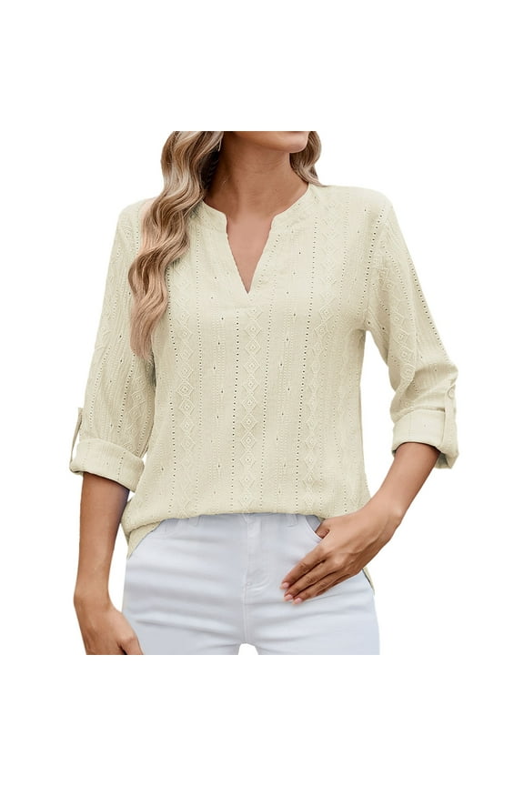 Solid Color Blouses For Women Dressy Casual V-Neck Roll Up Sleeve Shirts Going Out Mid Sleeve T-Shirt Tshirts Tee Pullover Tops