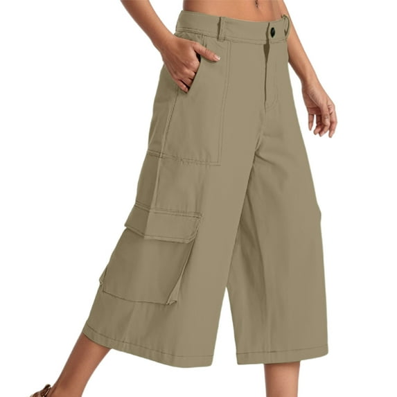 OSOLU Solid Color Cargo Capris For Women Stretch Wide Leg Hiking Pants Lightweight Baggy Cargo Pants With Pockets Trousers Daily Relaxed Fit Breathable Bottoms