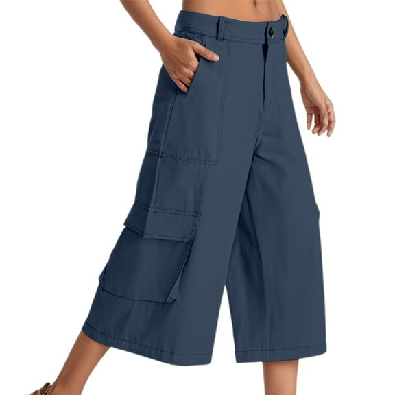 OSOLU Solid Color Cargo Capris For Women Stretch Wide Leg Hiking Pants Lightweight Baggy Cargo Pants With Pockets Trousers Fashionable Classic Leisure Bottoms