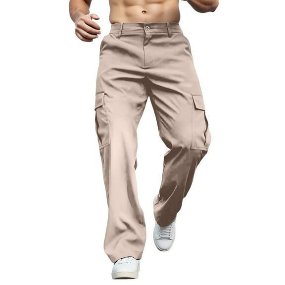 OSOLU Solid Color Cargo Trousers Men's Stretch Regular Fit Chino Trousers Cargo Wide Casual With Side Pockets Wide Leg Fabric Elegant Loose Hiking Long Outdoor Everyday Comfort Versatile Bottoms