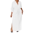 thumbnail image 1 of OSOLU Solid Color Casual Shirtdress For Women Notched V-Neck Stand Collar Button Down Belted Dresses Holiday Hawaiian Flowy Sundress, 1 of 5