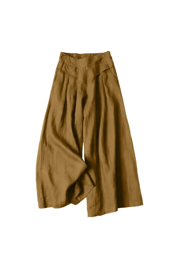Solid Color Cotton Linen Wide Leg Pants Skirt Pants For Women Loose Semi Elastic Fit High Waist Effect Cropped Pants Trousers Daily Relaxed Fit Breathable Bottoms