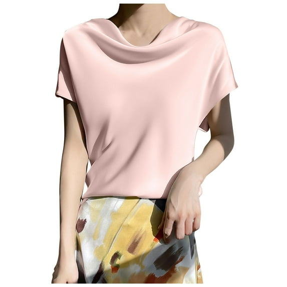 OSOLU Solid Color Elegant Ice Silk Heap Shirt Women Short Sleeve Tops New Silk Silk T-Shirt Tee Tops Leisure Women Tops Dressy Casual