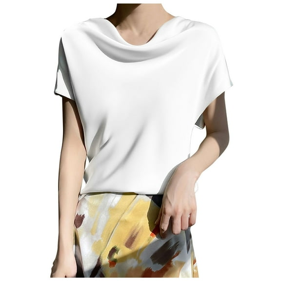OSOLU Solid Color Elegant Ice Silk Heap Shirt Women Short Sleeve Tops New Silk Silk T-Shirt Tee Tops Versatile Dailywear