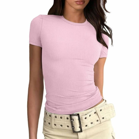 OSOLU Solid Color Fashion Tops For Women Fitted Short Sleeve Basic Tee Slim Fit Shirts Cozy Dailywear
