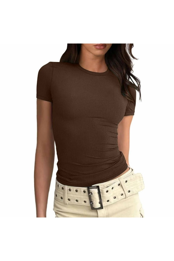 Solid Color Fashion Tops For Women Fitted Short Sleeve Basic Tee Slim Fit Shirts Holiday Dailywear