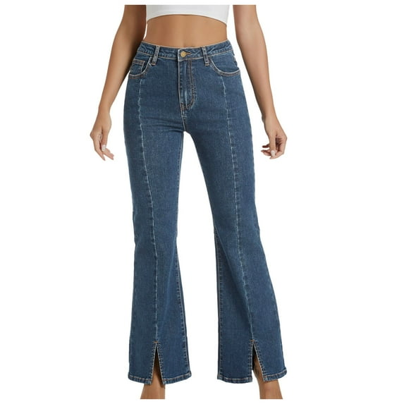 OSOLU Solid Color Flare Jeans For Women Bell Bottom Jeans High Waisted Stretchy Wide Leg Bootcut Jeans Split Hem Jeans Everyday Comfort Versatile Bottoms