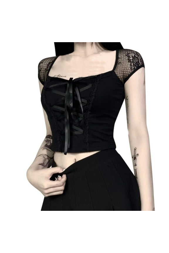 Solid Color Gothic Clothing Women Square Neck Short Sleeve Cropped Tops Shirts Trendy Dailywear