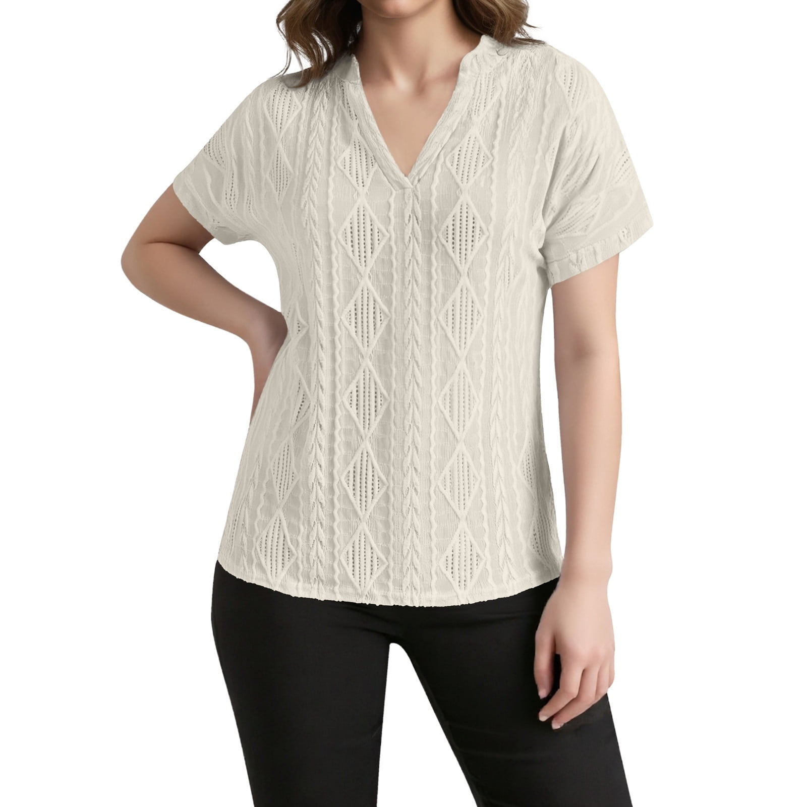 OSOLU Solid Color Lace Hollow Out V-Neck Loose Fit Short Sleeve Shirt ...