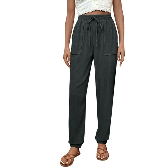 OSOLU Solid Color Linen Pants Women Comfy Flowy Wide Leg Pants Summer Baggy High Waisted Palazzo Beach Pants Trousers With Pockets Daily Relaxed Fit Breathable Bottoms