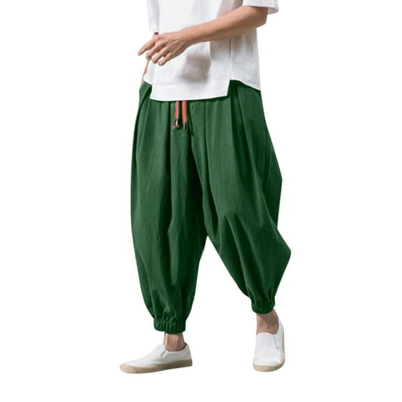 OSOLU Solid Color Men Casual Pants Soild Loose Cotton Linen Bloomers Mens Yoga Pants Beam Pants Wide Leg Pants Harem Pencil Pants Trousers Fashionable Classic Leisure Bottoms