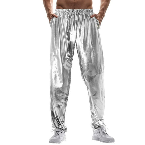 OSOLU Solid Color Men's Shiny Metal Shiny Casual Pants Nightclub Disco Pants Trousers Everyday Comfort Versatile Workout Training Joggers Bottoms
