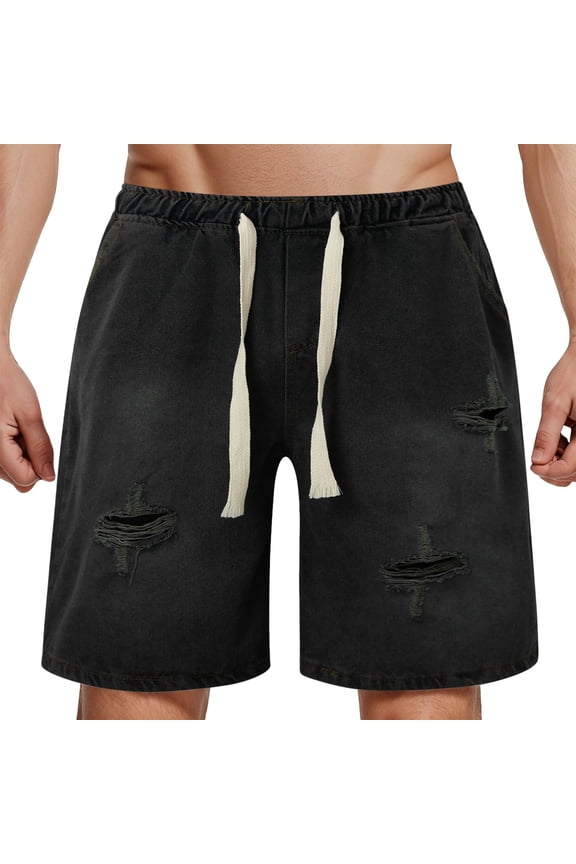 Solid Color Men's Summer Ripped Denim Shortsgy Jeans Casual Knee Length Daily Relaxed Fit Breathable Active Athletic Casual Bottoms
