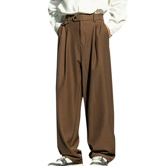 OSOLU Solid Color Mens Casual Pants Pleated Loose Fit Dress Pants Elastic Waist Slacks Trousers Everyday Comfort Versatile Bottoms