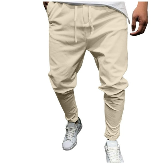 OSOLU Solid Color Mens Casual Pocket Mid-waist Linen Cotton Sports Sweatpants Cropped Trousers Fashionable Classic Leisure Bottoms