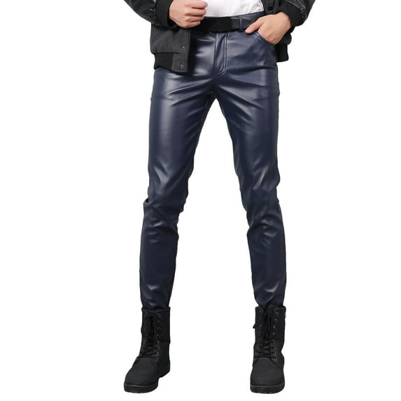 OSOLU Solid Color Mens Slim Fitting Leather Pants Leggings Tight Elastic Warm Trend Motorcycle Leather Pants Trousers Fashionable Classic Leisure Bottoms