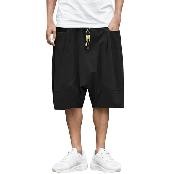 OSOLU Solid Color Mens Summer Fashion Casual Cotton Cropped Pants Loose Low Crotch Harem Pants Trousers Everyday Comfort Versatile Bottoms