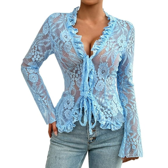 OSOLU Solid Color Mesh Long Sleeve Lace Tops For Women Sexy Tie Up Front Floral Embroidery Sheer See Through Shirts Breathable Dailywear