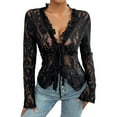 thumbnail image 1 of OSOLU Solid Color Mesh Long Sleeve Lace Tops For Women Sexy Tie Up Front Floral Embroidery Sheer See Through Shirts Relaxed Fit Dailywear, 1 of 7