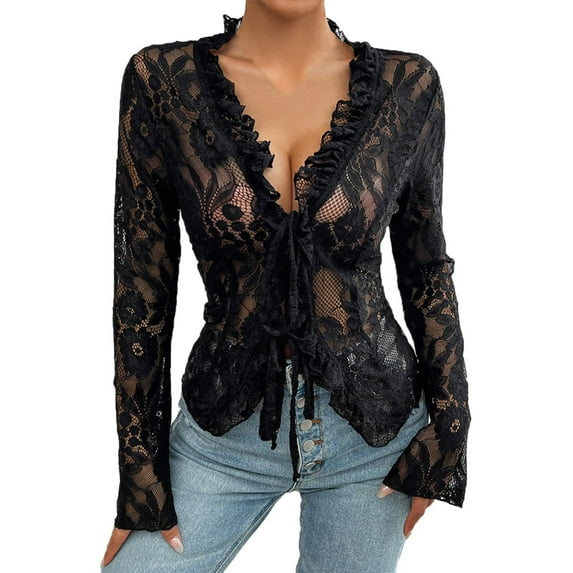 OSOLU Solid Color Mesh Long Sleeve Lace Tops For Women Sexy Tie Up Front Floral Embroidery Sheer See Through Shirts Relaxed Fit Dailywear