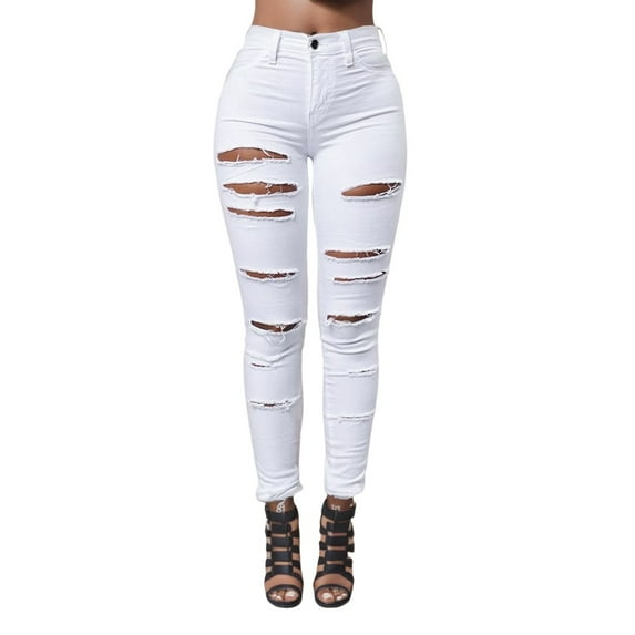 OSOLU Solid Color New Fashion Ripped Jeans Women Pencil Pants Women Jeans Trousers Everyday Comfort Versatile Workout Training Joggers Bottoms