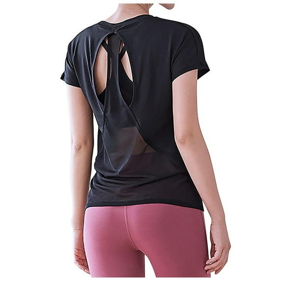 OSOLU Solid Color Open Back Short Sleeve Crop Tops For Women Loose Athletic Yoga Workout Tops Casual Cropped Tee Shirts Leisure Women Tops Dressy Casual