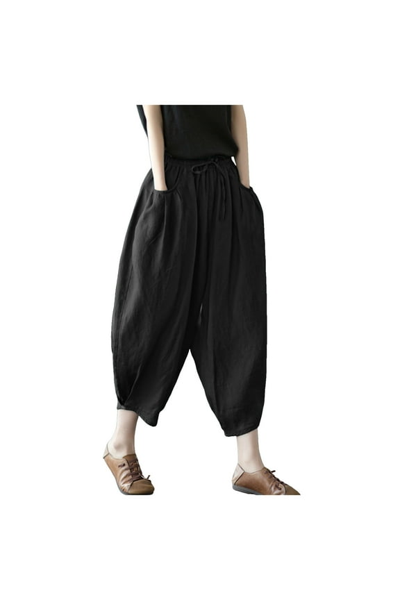 Solid Color Pants Waist Elastic Band Balloon Linen Loose Casual Women Summer Trousers Daily Relaxed Fit Breathable Workout Training Joggers Bottoms