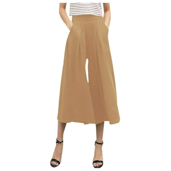 OSOLU Solid Color Pants Women Scarf Wide Leg Pants Waist Elastic Calf Length Long Trousers Fashionable Classic Leisure Active Athletic Casual Bottoms