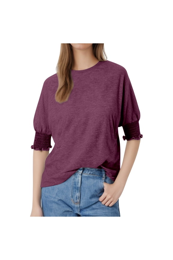 Solid Color Plus Size Loose Fit O-Neck Puff Sleeve Long Tee For Women Stylish Comfortable Casual Tops Shirts Stylish Dailywear
