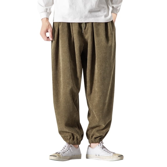 OSOLU Solid Color Retro Corduroy Haren Pants Men's Fall Winter Loose Casual Ankle-Tied Knee Length Plus Size Trend Trousers Fashionable Classic Leisure Bottoms