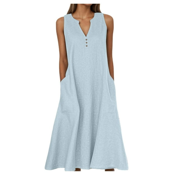 OSOLU Solid Color Summer Dresses For Women Casual Sleeveless Linen Flowy Beach Vacation Dress With Pockets Leisure Sundress Wedding Guest Dresses For Women
