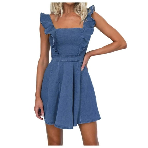 OSOLU Solid Color Summer Fashion Denim Dress For Women Casual Flowy Sleeve Open Back Jean Leisure Sundress Wedding Guest Dresses For Women
