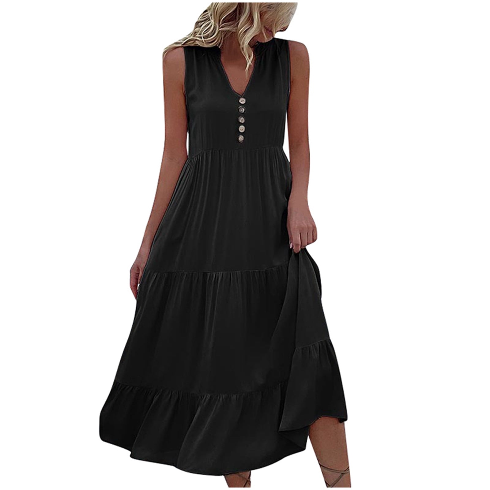 OSOLU Solid Color Summer Sleeveless Pleated Maxi Dress Loose VNeck — free download