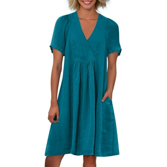 OSOLU Solid Color Summer Women Casual Loose Fashion Retro Linen Short Sleeve V-Neck Pleated Dress Versatile Sundress Flowy 2025 Elegant Classy Dresses