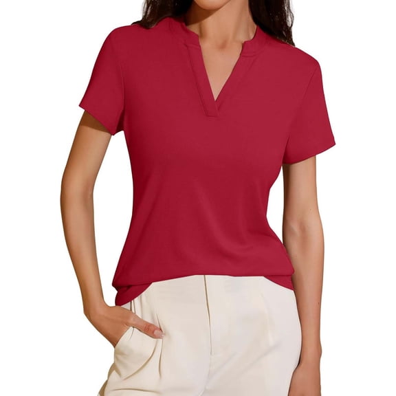 OSOLU Solid Color V-Neck Loose Fit Short Sleeve Shirt For Women Spring Summer Tail Hem Blouse Tops Versatile Dailywear