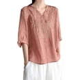 thumbnail image 1 of OSOLU Solid Color Vintage Embroidered Linen Loose Fit V-Neck 3/4 Sleeve Shirt For Women Casual Pullover Blouse Boho Dailywear, 1 of 9