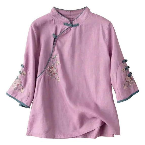 OSOLU Solid Color Vintage Mandarin Collar Embroidered Linen Loose Fit 3/4 Sleeve Shirt For Spring Summer Plus Size Women Tops Stylish Dailywear