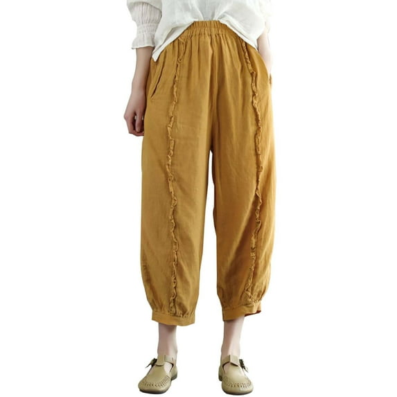 OSOLU Solid Color Vintage Women Lace Trimmed Linen Harem Pants Casual Loose Breathable Trousers For Summer Comfort Fashionable Classic Leisure Bottoms