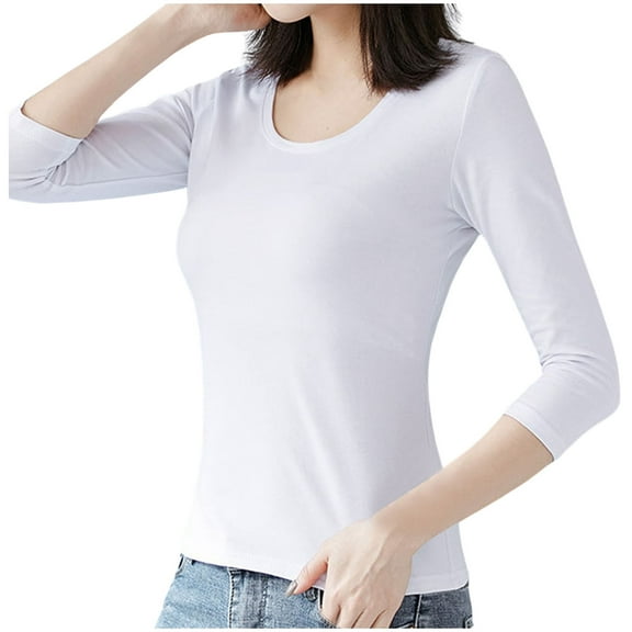 OSOLU Solid Color White Long Sleeve T-Shirt Tshirts Tee For Women Slim Fit 3/4 Sleeve Tops Casual Basic Tee Shirt Classic Dailywear