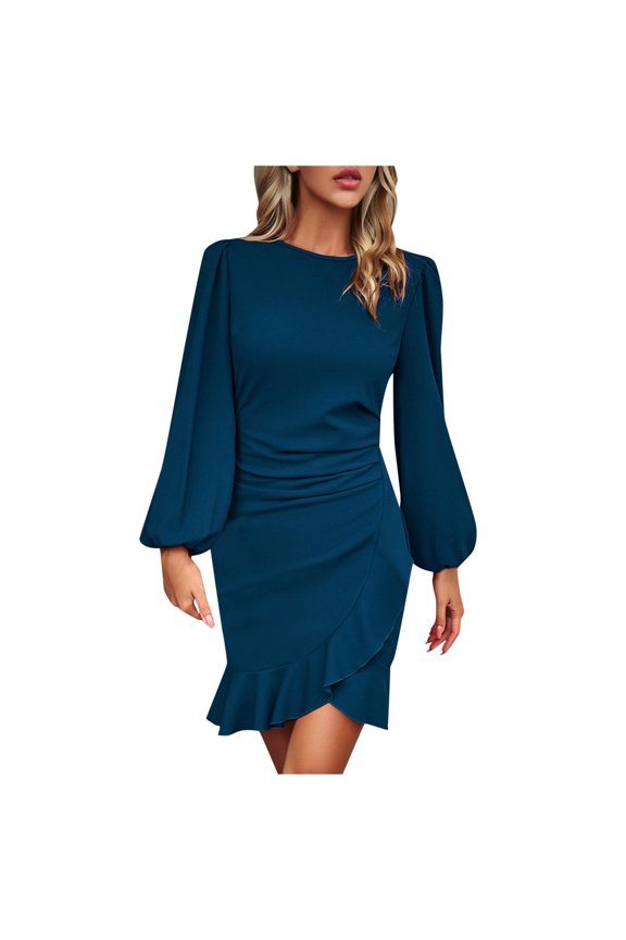 Solid Color Women Bodycon Sexy Long Sleeve Puff Dress Elegant Bubble Sleeve Midi Dress Leisure Sundress Wedding Guest Dresses For Women