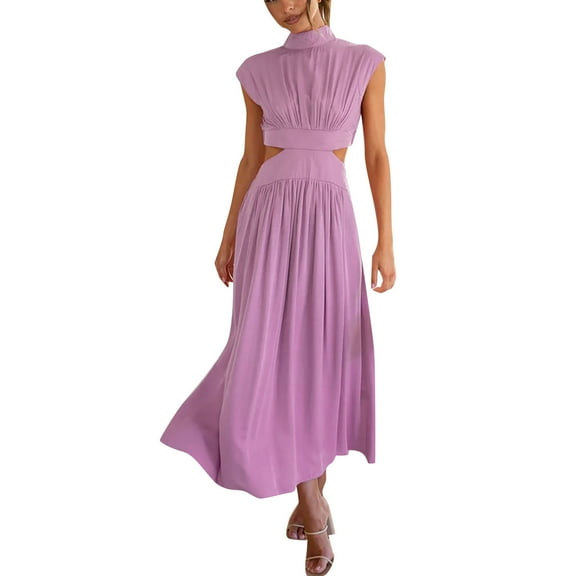 OSOLU Solid Color Women Bohemian Style O-Neck Sleeveless Hollow Waist Casual Medium Length Jumpsuit Breathable Dailywear