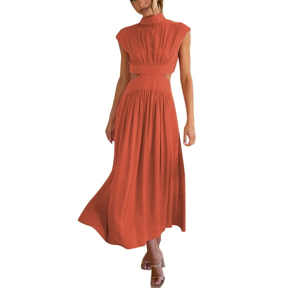 OSOLU Solid Color Women Bohemian Style O-Neck Sleeveless Hollow Waist Casual Medium Length Jumpsuit Classic Dailywear