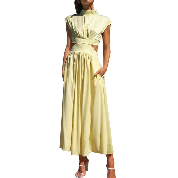 OSOLU Solid Color Women Bohemian Style O-Neck Sleeveless Hollow Waist Casual Medium Length Jumpsuit Cute Dailywear