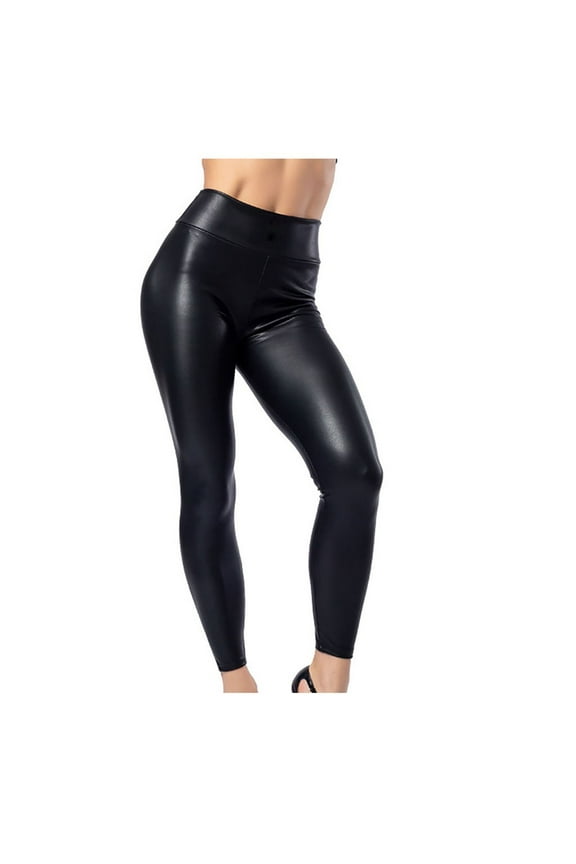 Solid Color Women Butto Leggings Leather Wet Look Shiny Disco High Waist Trouser Pants Fashionable Classic Leisure Workout Training Joggers Bottoms