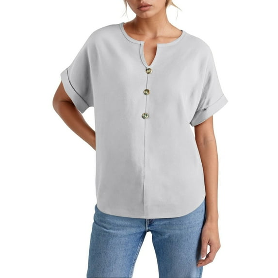 OSOLU Solid Color Women Buttoned V-Neck T-Shirt Short Sleeve Tee Tops Comfort Dailywear