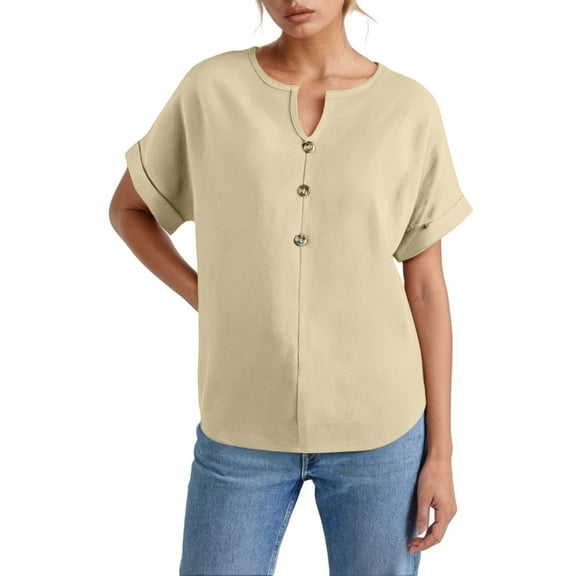 OSOLU Solid Color Women Buttoned V-Neck T-Shirt Short Sleeve Tee Tops Fashionable Dailywear