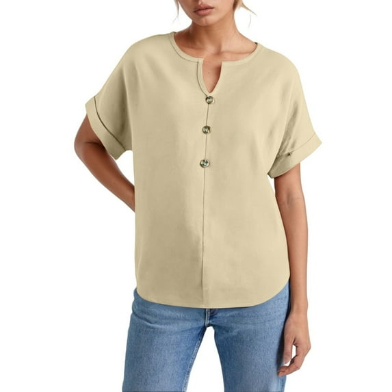 OSOLU Solid Color Women Buttoned V-Neck T-Shirt Short Sleeve Tee Tops Fashionable Dailywear